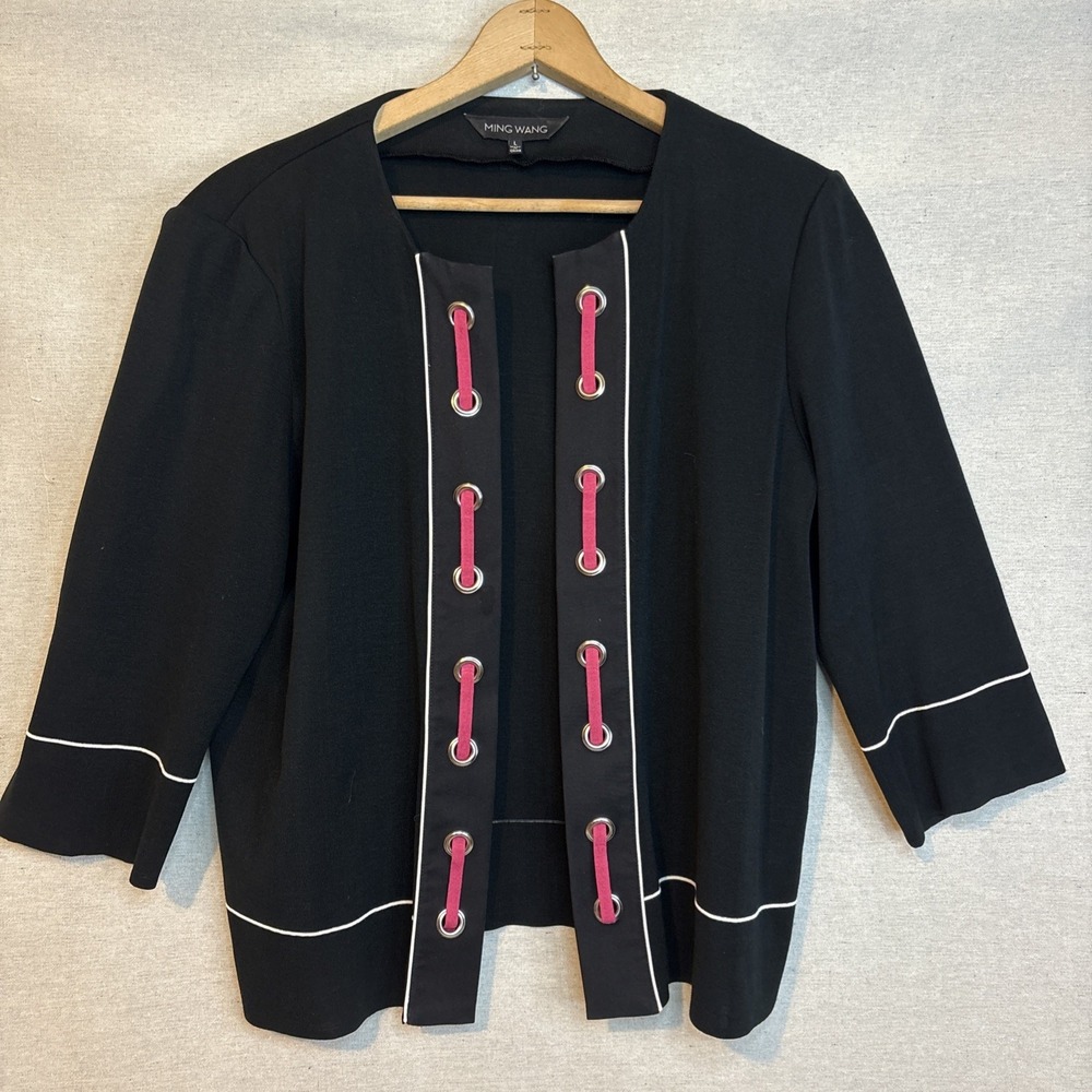 Ming Wang Womens Career Blazer Jacket Black Pink Ribbon Large Artsy Office‎ 80's